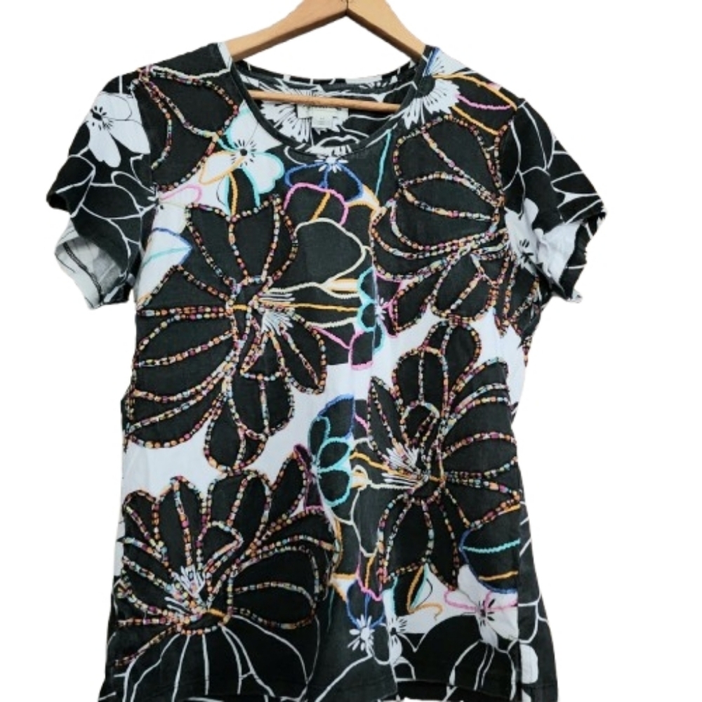 Womens M Coldwater Creek Black White Floral Embroidered Coquette Soft Girl Top